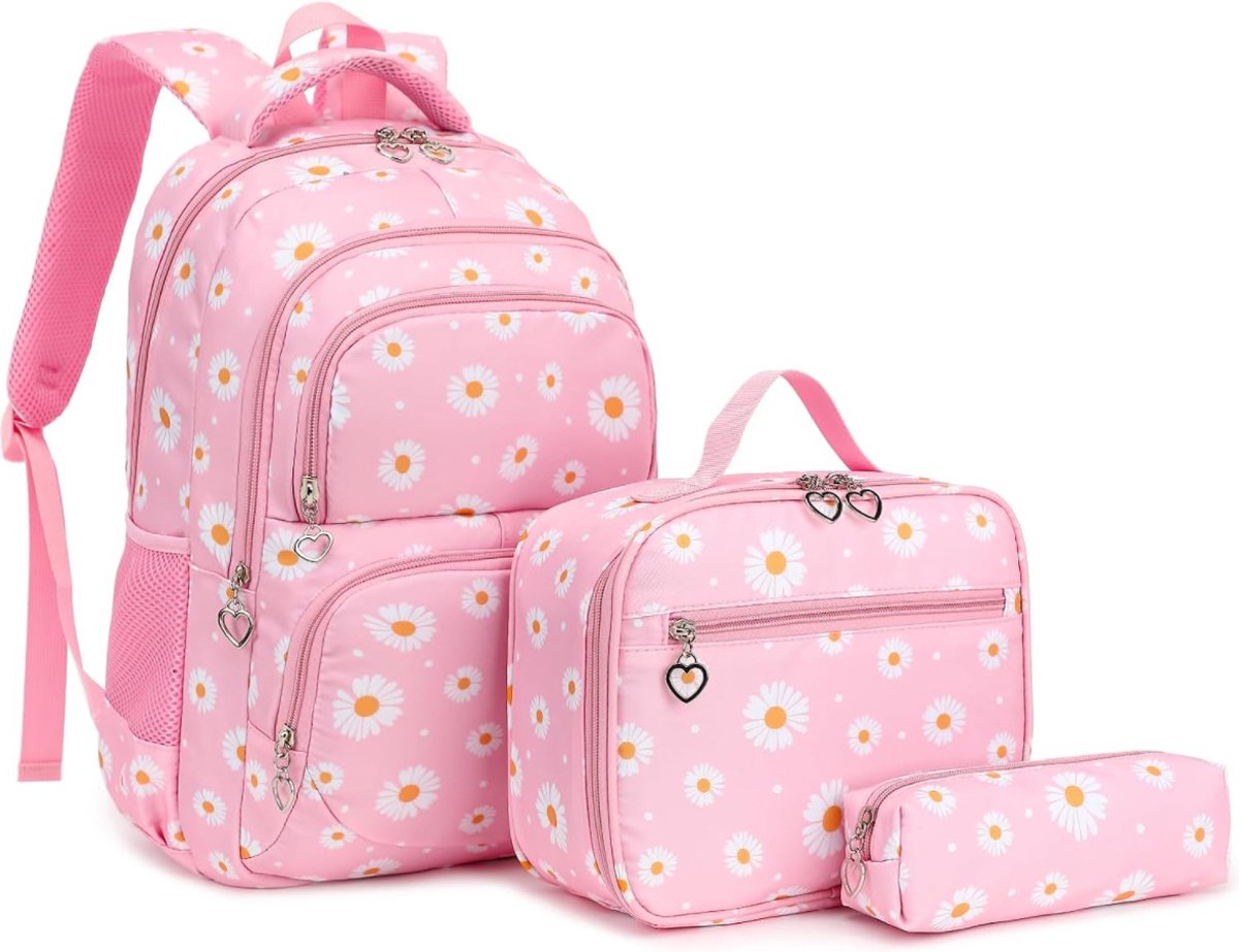 Ultiluxe® Rugzak met madeliefjesprint - Roze/wit - Rugtas, lunchtas en etui - Schoolrugzak voor kinderen - Madeliefjes schoolrugtas - 15.6 inch laptoptas - 30 x 17 x 44 cm - Meiden school tassen set - 22 L - Schooltas voor meisjes