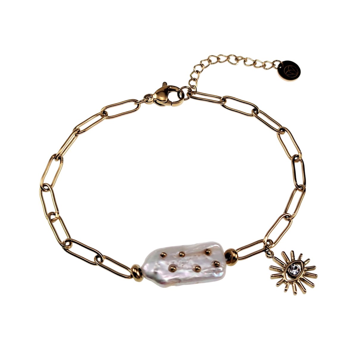Armband Dames - Gold Plated RVS - Paperclip Schakelarmband met Natuurlijke Zoetwaterbarokparel - Verstelbaar