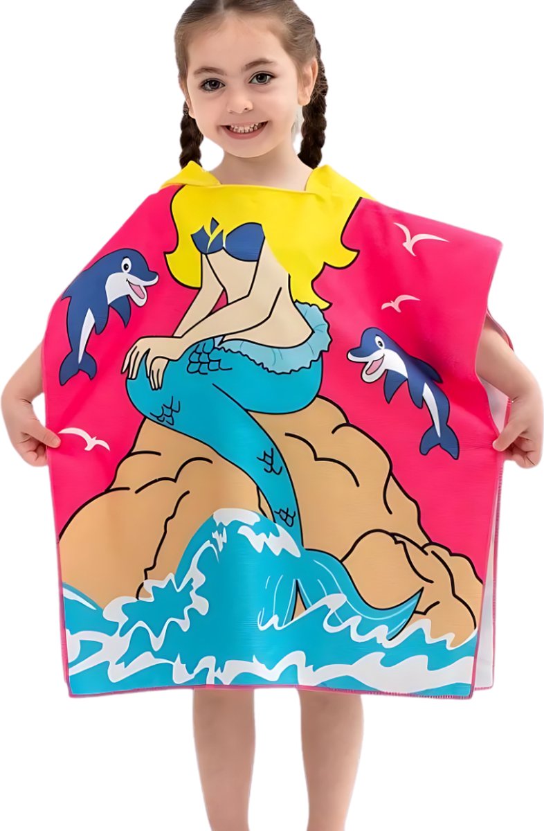 BoefieBoef Kinder Badponcho - Baby Badcape - Microfiber Kleuter Omslagdoek Met Capuchon - Kerst Cadeau - Peuter Strandponcho Voor Kinderen tot 6 jaar - 60x90cm - Roze Dolfijn Zeemeermin - meisje - Peuter - Zomer - Strandlaken - Surfponcho - Dreumes