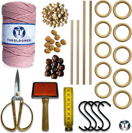 Deluxe Macramé Pakket | Nude Roze | 200 METER | Triple Twist | 3mm | Starter Set | Schaar | S-haken | Kam | Meetlint | Ringen | Kralen | Stokken | Macramé Touw | 100% Katoen | DIY | Macramé | Wandkleed | Plantenhanger | TheOldOmen
