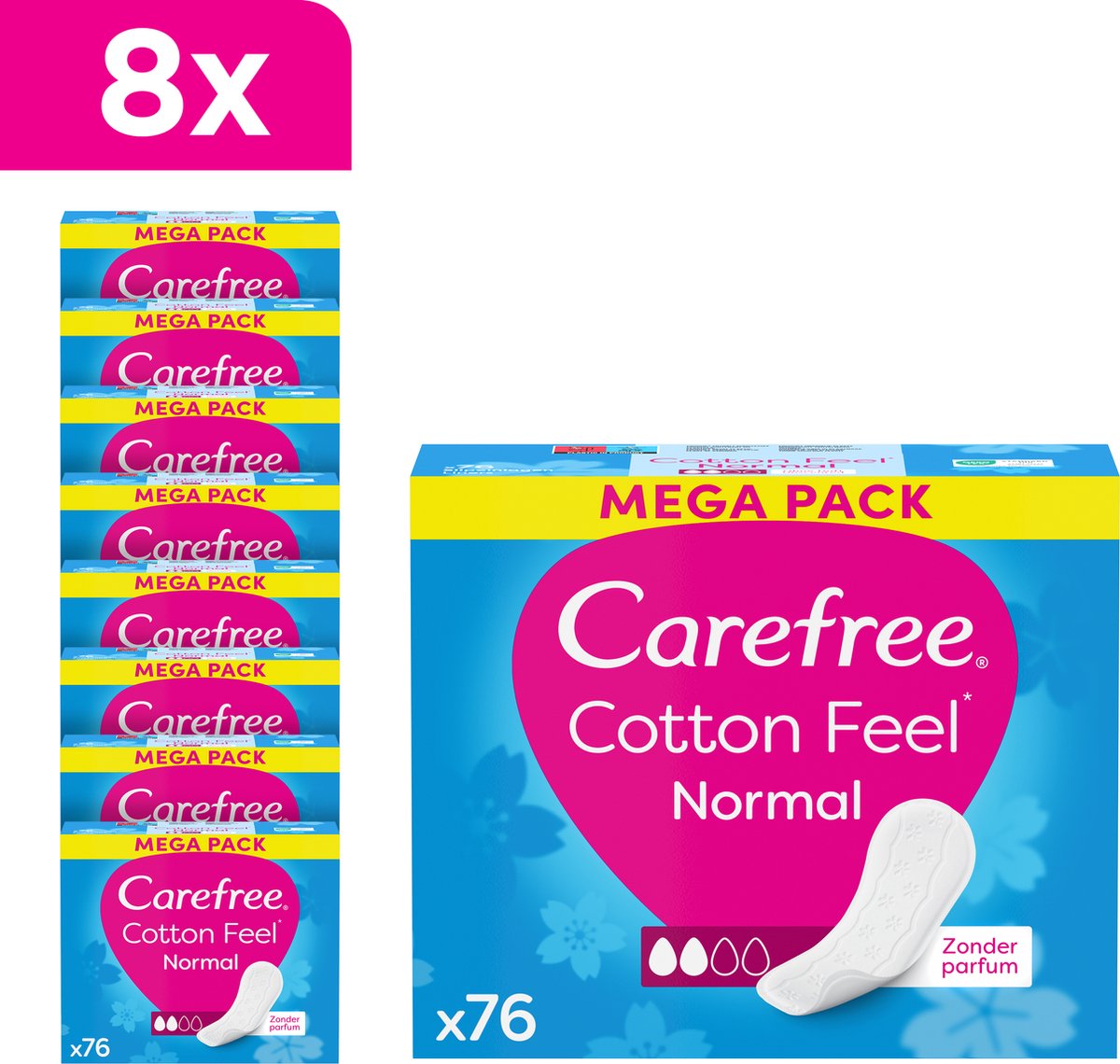 Goedkoopste Carefree Cotton Feel Normaal luchtdoorlatende inlegkruisjes - parfumvrij - absorptiegraad twee - 8 x 76 stuks