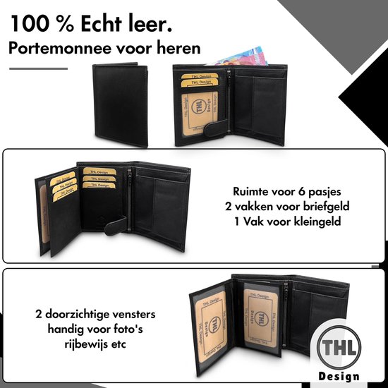 THL Design - Portefeuille Homme - Portefeuille Homme en Cuir - Billfold High - 12 Cartes - Zwart Véritable Cuir