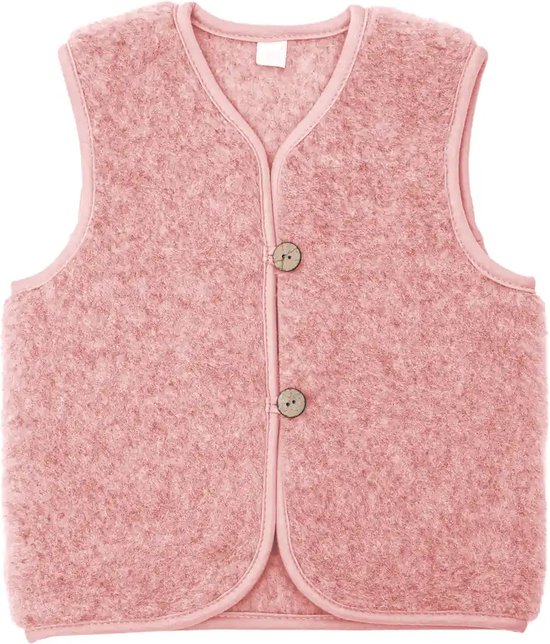Roze wollen gilet met V-hals en twee bruine knopen.