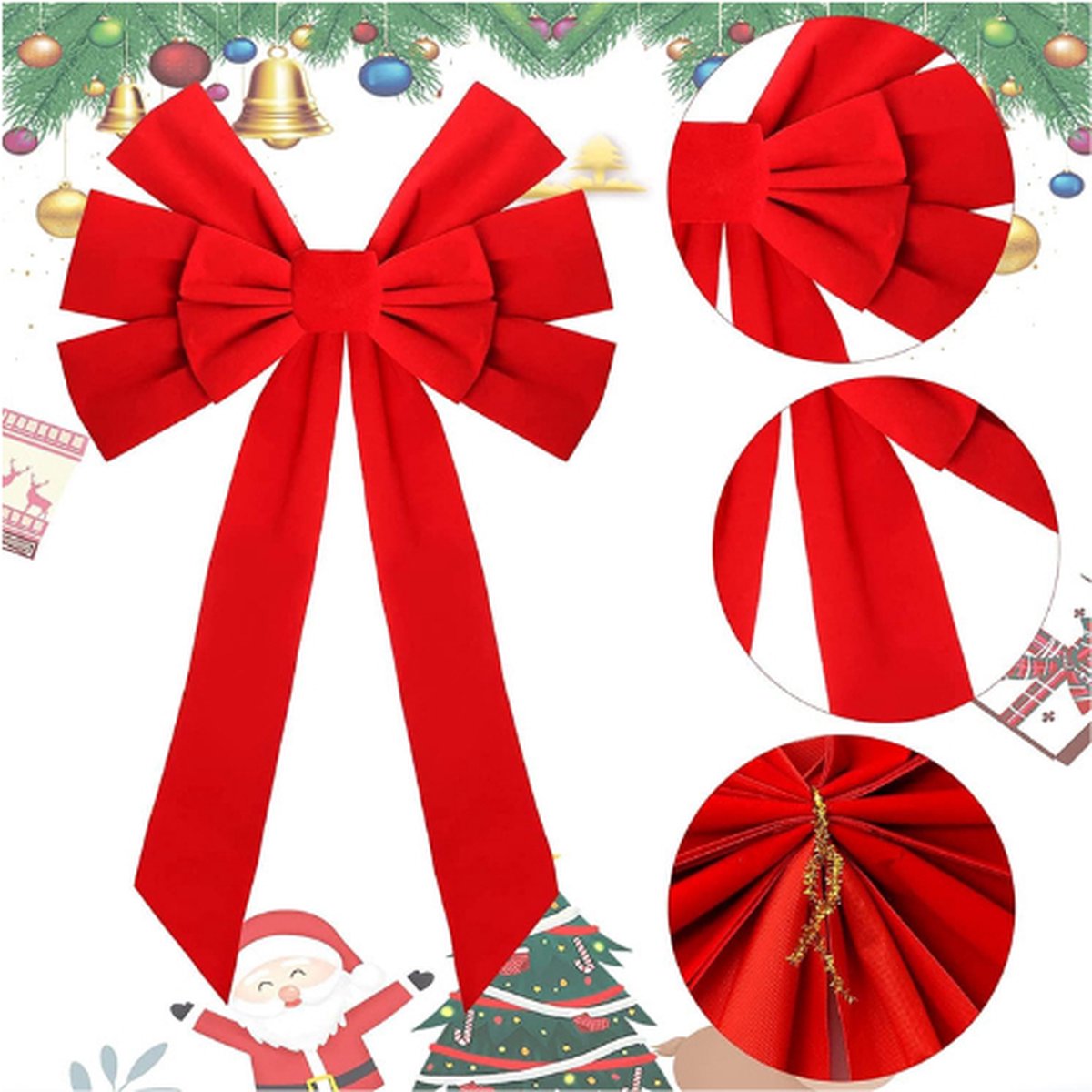 Lot De 4 Gros Nœuds Noël Velours Rouge – 19x24 Cm, Bord Fil D'Or, Décoration Sapin, Porte, Couronne, Cheminée, Mariage