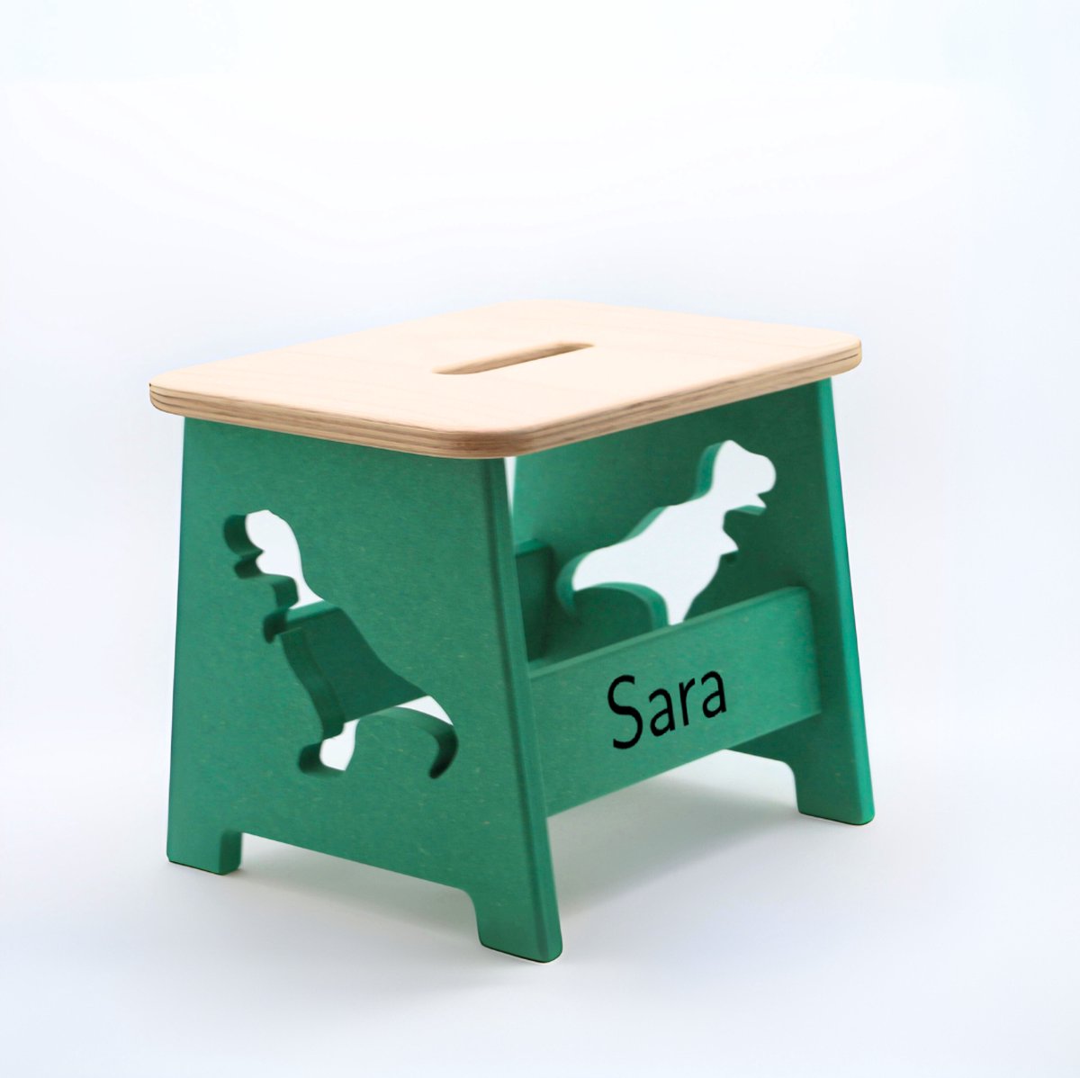 Houten kruk voor kinderen met eigen naam - Kinderkruk - Opstapje - Groen - Dino - Gepersonaliseerd cadeau