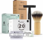 Safety Razor Starterkit Aluminium voor Mannen en Vrouwen Glossy Black - 20 Mesjes - Scheerkwast - Scheerzeep - Scheren Starterset