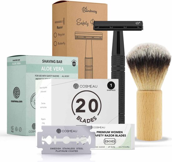 Ensemble noir Bamboozy de rasoir de sûreté avec blaireau, 20 lames, savon à raser et barre de rasage à l'aloe vera.