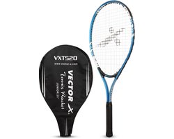 Vector X VXT-520 bespannen junior tennisracket | Kleur: blauw | Maat: 23 inch | Materiaal: gelegeerd staal, aluminium | met 3/4 hoes | Gripmaat: 3, 3/4 inch | Zware constructie | Schokabsorberend effect | Kopvorm: ovale vorm
