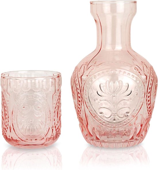 34oz Vintage Nachtkastje Waterkaraf en Glazen Set, Klassieke Gestreepte Glazen Nachtkastje Waterkaraf met Tuimelaar Glas, Helder Glas Sap Waterkan voor Slaapkamer Nachtkastje(Grijs