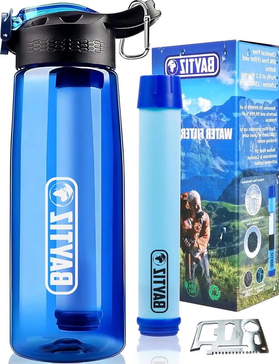 Paille de Survie – Gourde filtrante au charbon actif – Filtre à eau pour camping trekking – Kit purificateur réutilisable avec boussole et sac de pluie