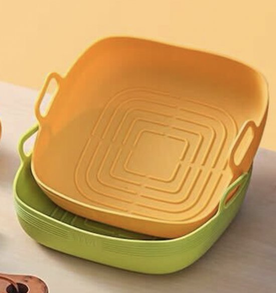 Foto: Zylaro siliconen airfryer bakjes airfryer accesoires 2 stuks xl vierkant bakpapier alternatief 100 bpa vrij 20cm groen en geel