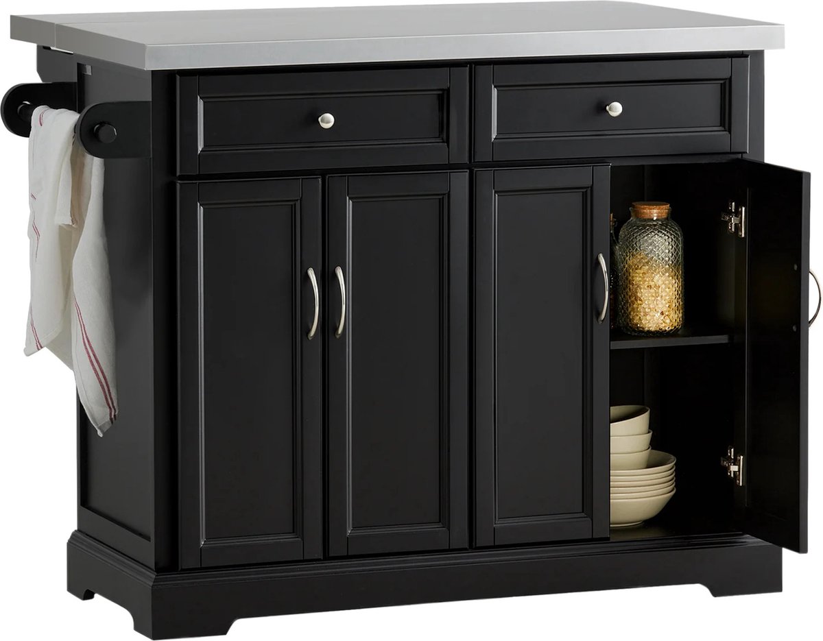 Keukeneiland - Verplaatsbaar - Keukenkast - Dressoir - Organizer - Kasten - Houten Werkblad - 4 Deuren - Zwart