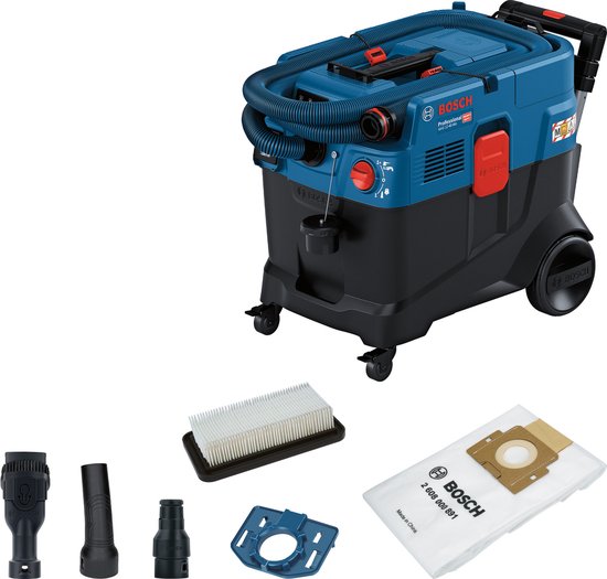Blauw-zwarte Bosch alleszuiger met accessoires: filter, stofzak en diverse mondstukken.