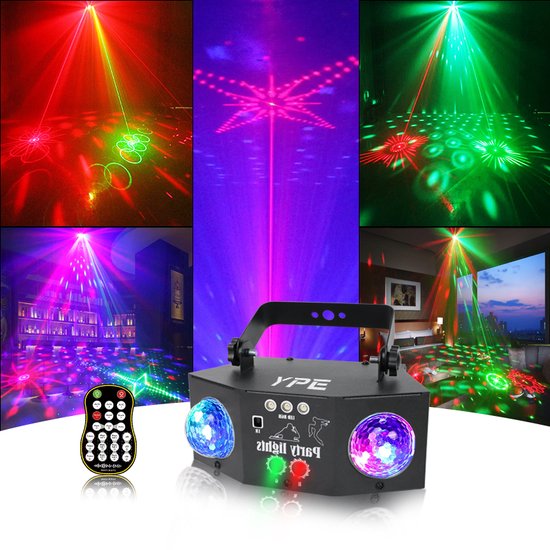 Foto: Ype discolamp party lights disco licht party laser discobal double discobal laser lamp lasers led discoballen en led licht afstand bestuurbaar en geluid gestuurd