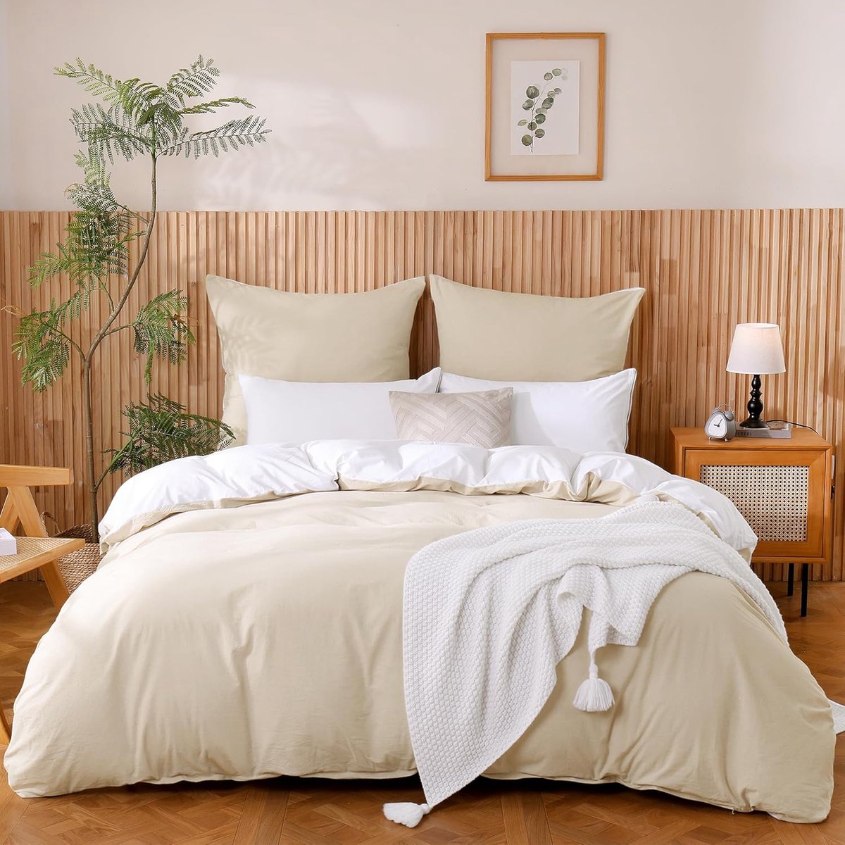 JGS® - Premium Katoenen Beddengoedset, 4-delig Beige Linnentextuur, 135 x 200 cm met Öko-Tex Certificering -