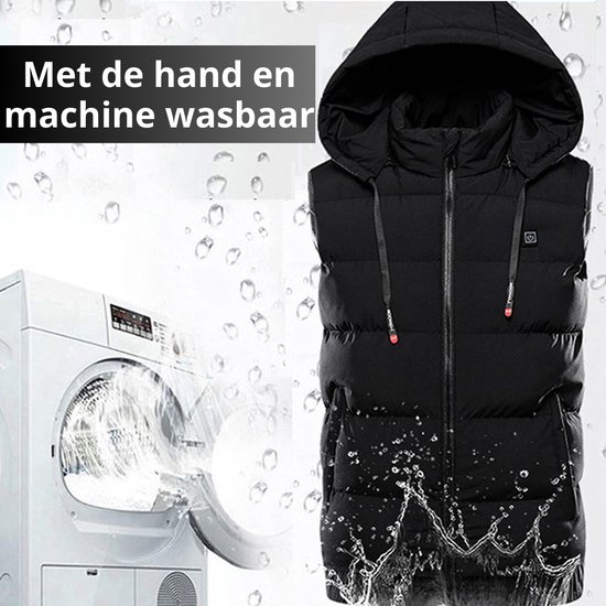 Gilet noir à capuche, à côté d'une machine à laver. "Lavable à la main et en machine".