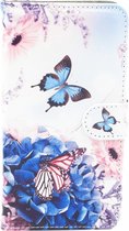 P.C.K. Étui de téléphone, étui de livre, place pour cartes - Blauw avec imprimé papillon rose - Convient pour Apple iPhone 15 - Film de verre inclus