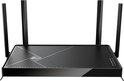 TP-Link Archer BE230 router in het zwart, met een geperforeerd bovenoppervlak en vier verstelbare antennes.
