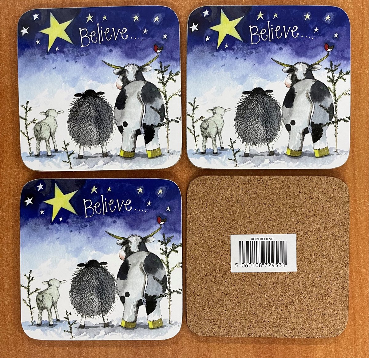 Alex Clark Onderzetters Believe ~Koe en Schapen in de sneeuw Kerst/winter