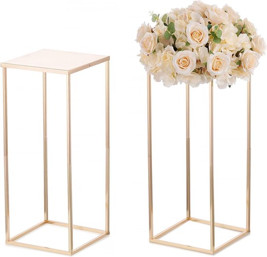 10 stuks gouden vaas voor bruiloft centrepiece tafels, metalen zuil, staande bloemenhouder, geometrische bloemenstandaard, rechthoekige bloemendisplay voor feesttafel, tafelopzetstukken, decoratie (H: 60 cm
