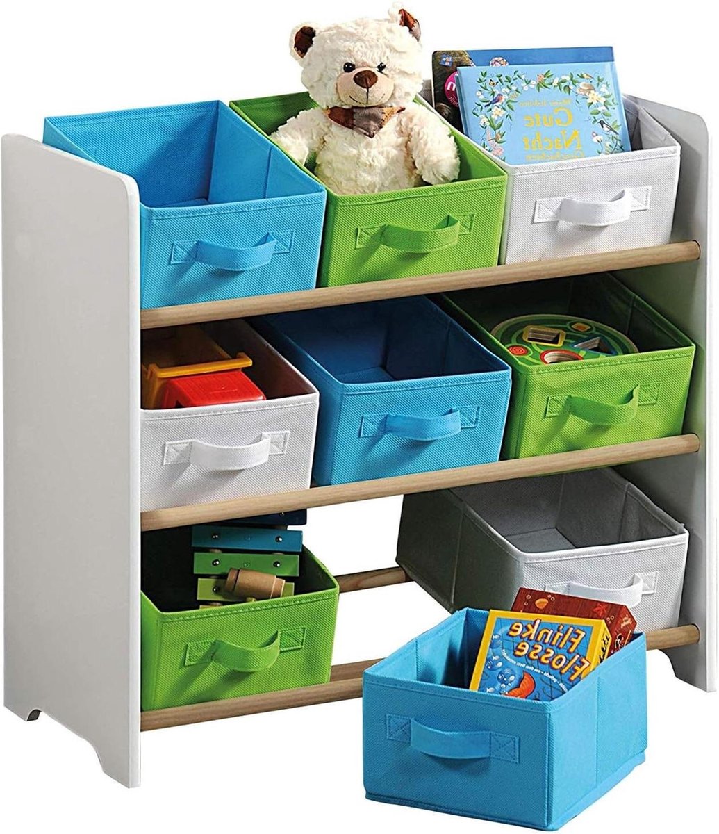 Kinderrek met boxen - vezelplaat - 66 x 30 x 595 cm - wit groen blauw - opbergrek voor kinderkamer speelgoedkast