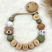 Bij Noe -Speenkoord met naam - Groen Bruin Marmer - met beer - unisex - Speenketting - babycadeau - kraamcadeau-