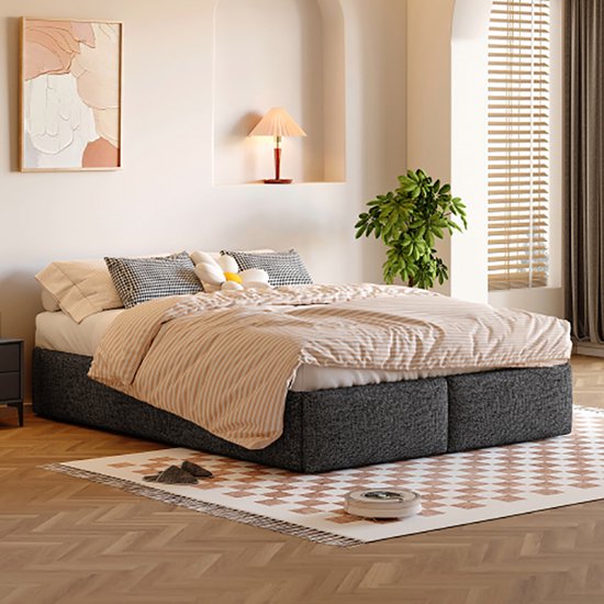 KOMHTOM Lit double Lit pour adulte 140x200 cm avec rangements hydrauliques et 2 tiroirs gris