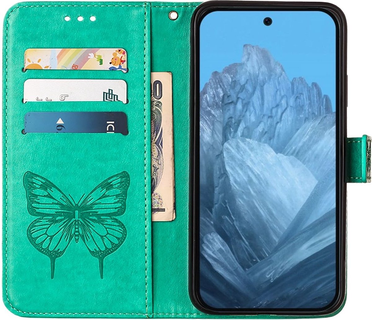 Mobigear Telefoonhoesje geschikt voor Google Pixel 9 Hoesje | Mobigear Butterfly Bookcase Portemonnee | Pasjeshouder voor 3 Pasjes | Telefoonhoesje voor Pinpas / OV Kaart / Rijbewijs - Groen