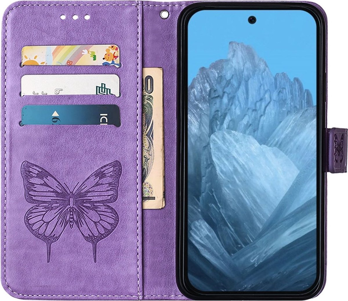 Mobigear Telefoonhoesje geschikt voor Google Pixel 9 Hoesje | Mobigear Butterfly Bookcase Portemonnee | Pasjeshouder voor 3 Pasjes | Telefoonhoesje voor Pinpas / OV Kaart / Rijbewijs - Paars