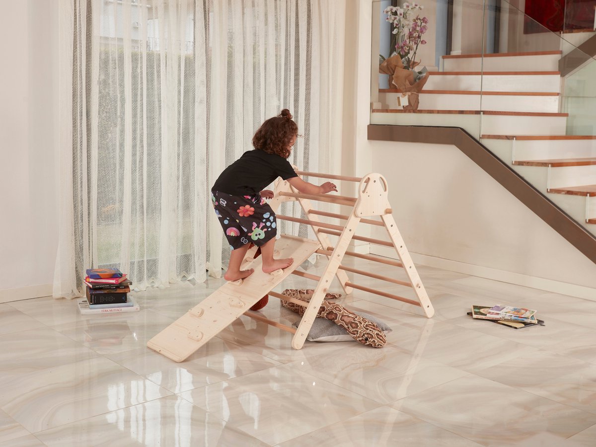 Wonder-Woody WonderWoody Pikler Driehoek met Glijbaan Houten Klimrek- Opvouwbare Klimdriehoek- Montessori Meubels Houten Speelgym Klimrek Kinderen