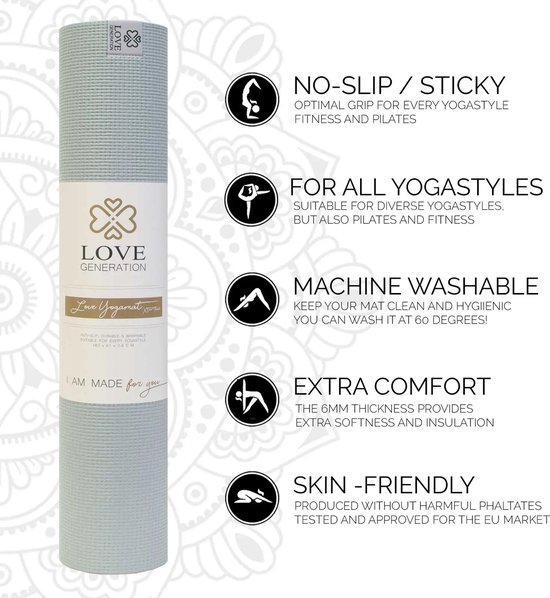Love Generation ● Yoga Mat ● Fitness Mat ● Mint ● 6 mm Dik van Love Generation — afbeelding 2