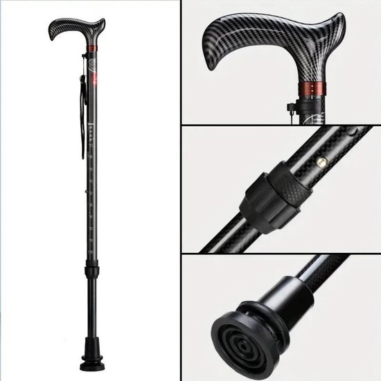 Zwarte carbon fiber wandelstok, getoond met details van het handvat, de verstelring en de antislipvoet.