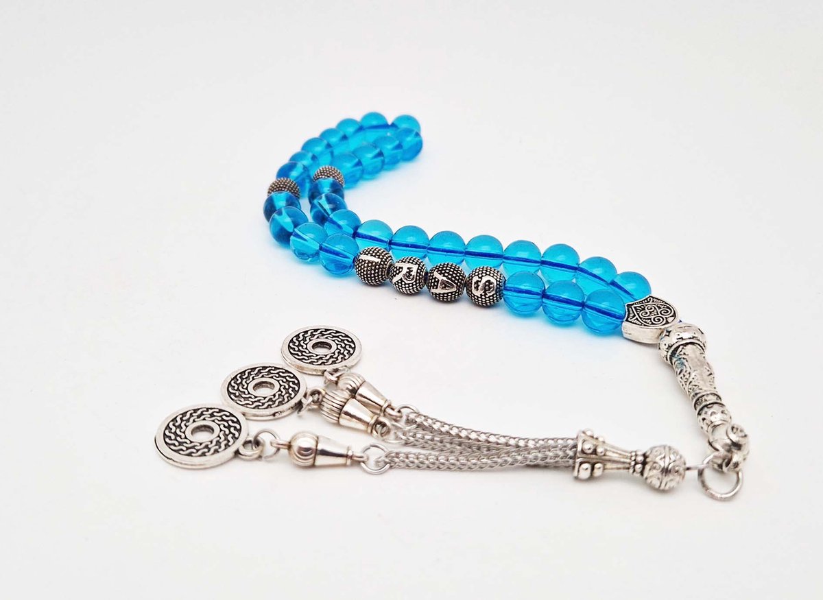 Handgemaakte naam tasbih 33 Kralen Natuursteen “ Blauwe kwarts” - met metaal tassel “Omarmen"- Met je naam of de naam van uw geliefde- 8 mm diameter van de korrel