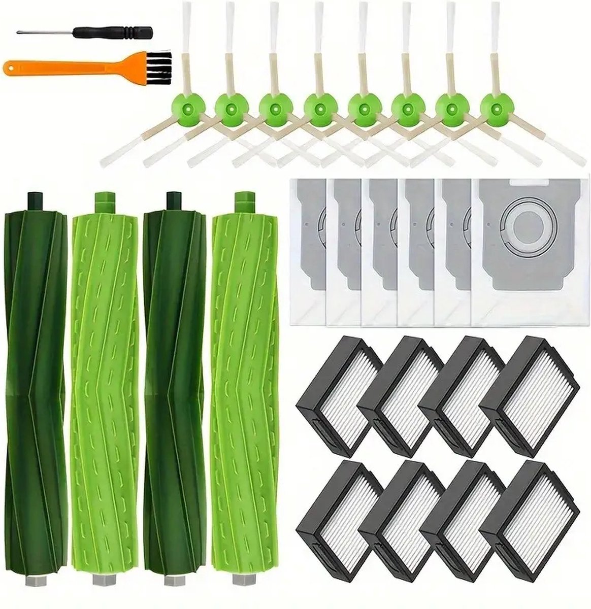 stofzuiger accessoireset XXXL geschikt voor iRobot i3, i3+, i7, i7+, i4, i6, i6+, i8, i8+, E5, E6, E7, (niet j7 , j7+), borstelaccessoires geschikt voor iRobot Roomba, 2 sets rubberen borstels,8 filters, 8 zijborstels, 6 Stofzuigerzakken