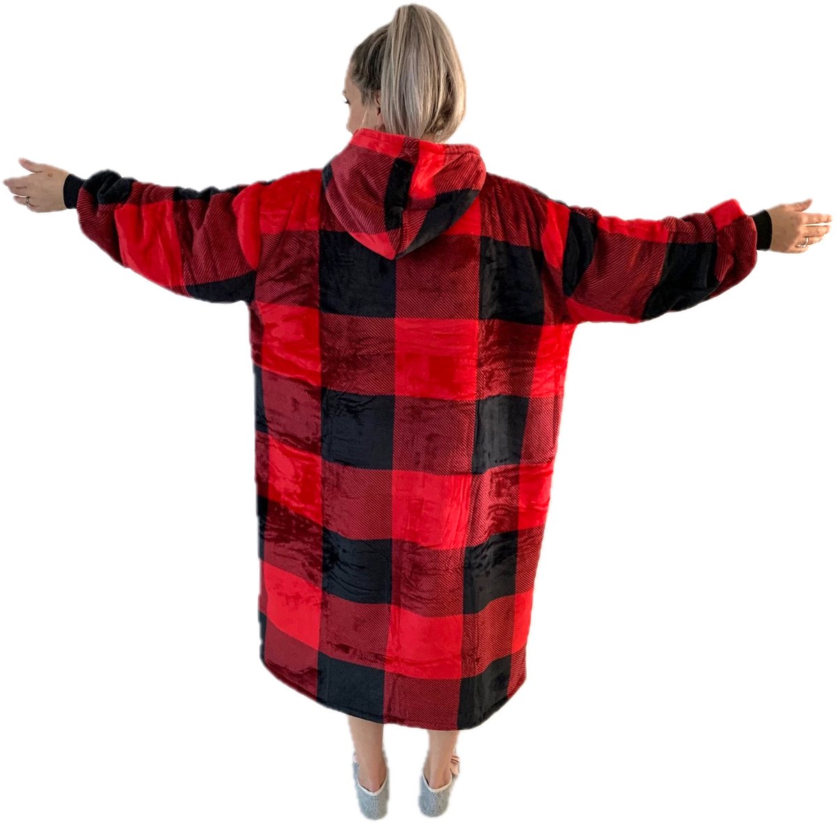 Q-Living Hoodie Deken - Extra Lang & Dik - Plaid Met Mouwen - Snuggle Hoodie - Fleece Deken Met Mouwen - Rood Zwart Extra Lang — cadeau in Wonen & Interieur - foto 8