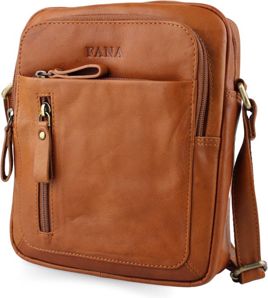 Fana Bags Heren Schoudertas Echt Leer Cognac - Crossbody Tas Heren - Leren Schoudertasje - Cadeau voor Mannen