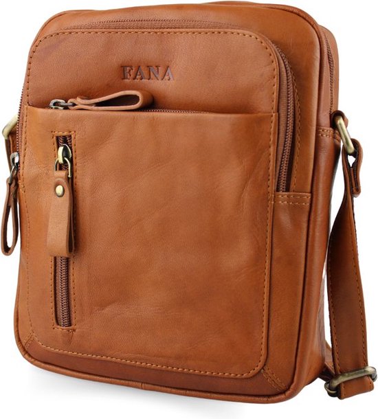 Fana Bags Sac à bandoulière pour homme en Cuir véritable Cognac - Sac à bandoulière pour homme - Sac à bandoulière en cuir - Cadeau pour homme