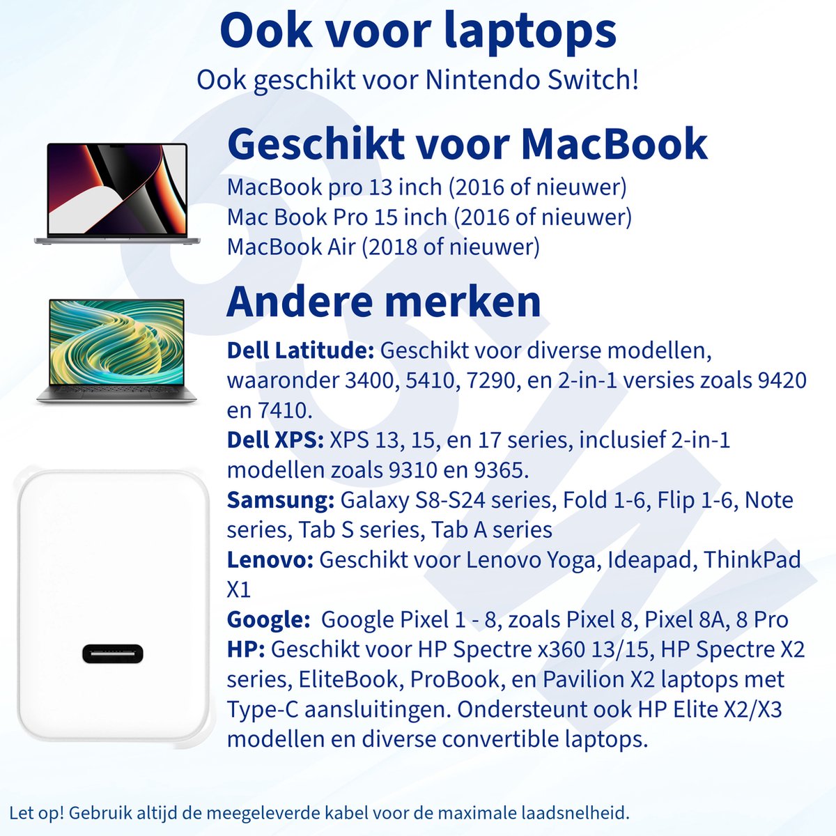 65W USB-C Laptop Oplader Snellader met 2m Kabel - Geschikt voor Dell, Lenovo, HP, MacBook, iPhone 15, Samsung Galaxy - Afbeelding 2