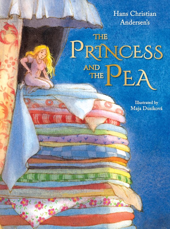 Een prinses met blond haar zit bovenop een hoge stapel kleurrijke bedden. Titel: De prinses en de erwt. Hans Christian Andersen's.