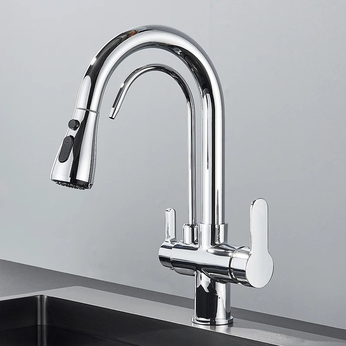 Gefilterd Kraan - Zuiver Water Keukenkraan - Met Uitschuifbare Dubbele Handgreep - Warm en Koud Drinkwater -Waterfilter - Chrome