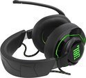Zwarte JBL gaming headset met groene accenten en microfoon.