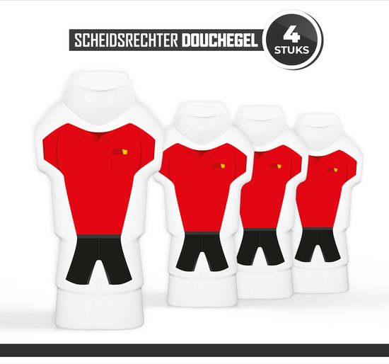 Foto: Douchegel scheidsrechter 4 stuks showergel sport voetbal cadeautje scheids week van de scheidsrechters douchegel tenue fles klein bedankt cadeau scheidsbedankt gift wedstrijd toernooi rode gele kaart scheidsrechtersshirt rood