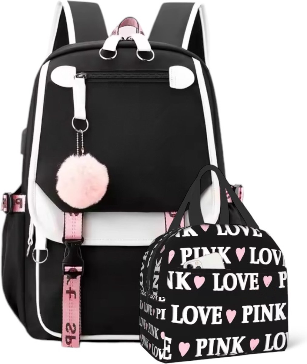 Ultiluxe® Rugzak met lunchtas - Zwart/roze/wit - 15.6 inch laptoptas voor tieners - Schooltas met USB-oplaadpoort - Rugtas voor meiden - Pompom sleutelhanger - 2-delig - Schoolrugzak voor meisjes - Waterbestendig - Love - 28 L en 6 L
