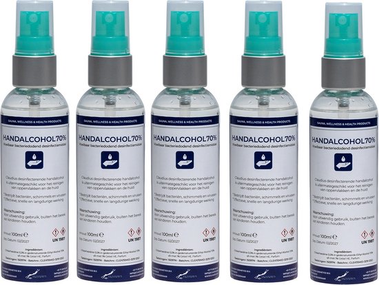 Vijf flessen Handalcohol 70% desinfectiemiddel, elk 100 ml, met transparante flessen, witte etiketten en groene spuitdoppen.