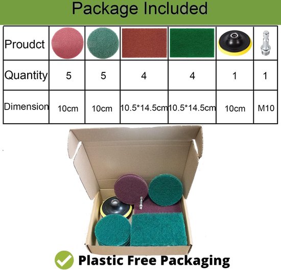 Contenu de l'emballage : diverses éponges abrasives rouges et vertes, adaptateur de perceuse.
