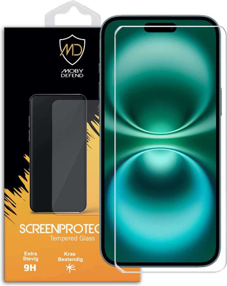MobyDefend Screenprotector - Geschikt voor iPhone 16 Plus - Case-Friendly Screensaver - Gehard Glas