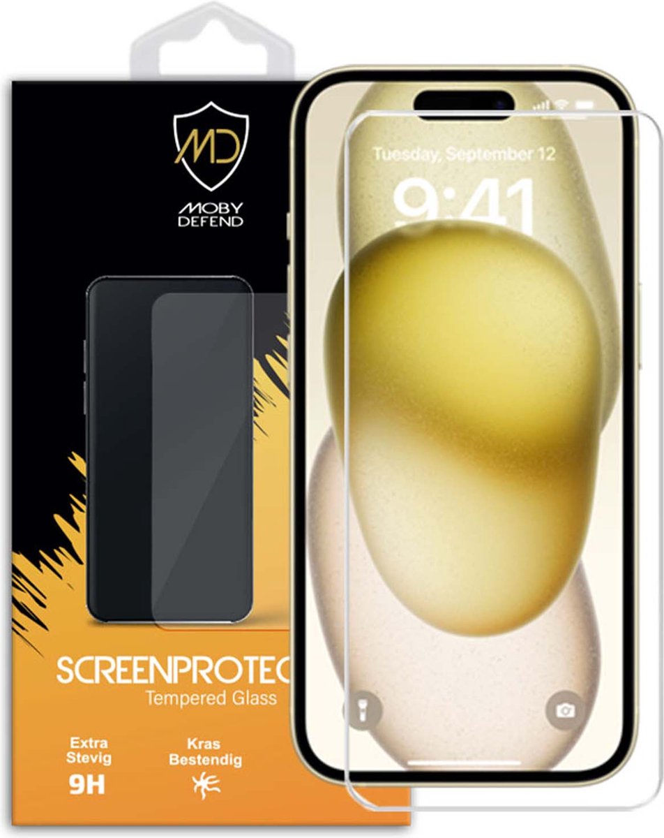 MobyDefend Screenprotector - Geschikt voor iPhone 15 - Case-Friendly Screensaver - Gehard Glas