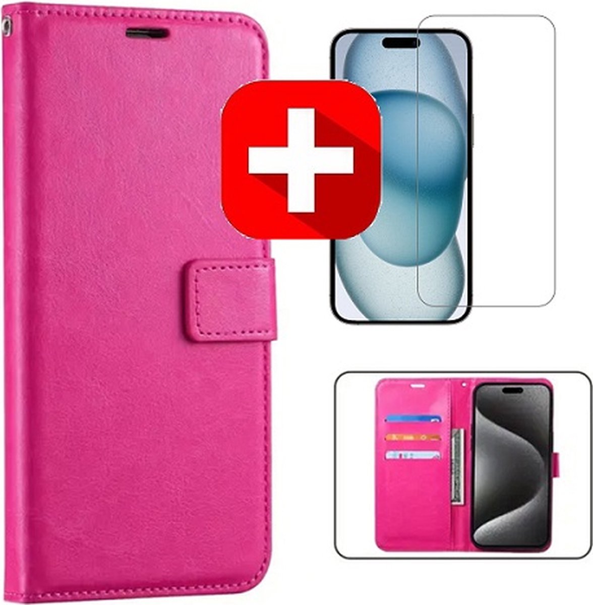 iPhone 15 Pro Hoesje Met Pasjeshouder Roze + Screenprotector