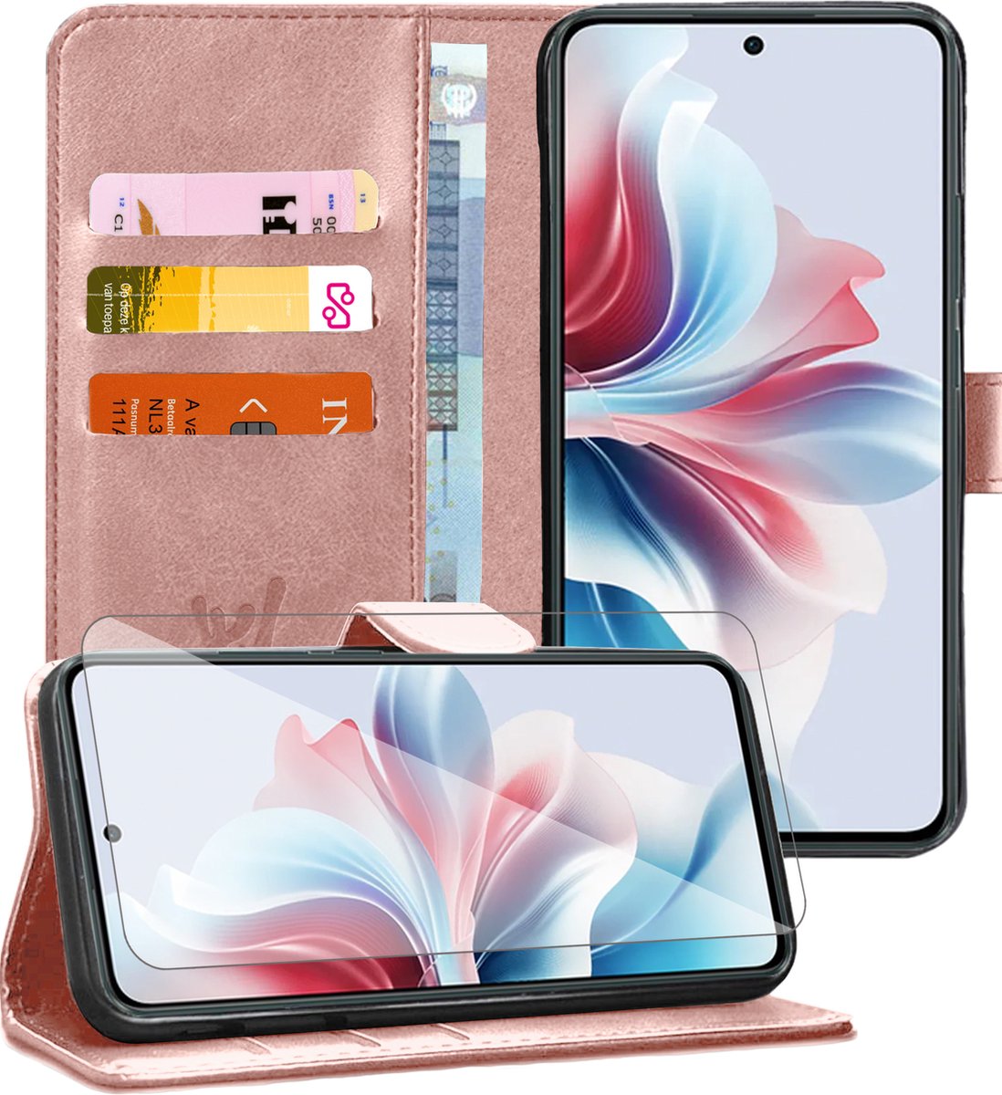 Hoesje geschikt voor Oppo Reno 11F - Screenprotector Glas - Portemonnee Book Case Rosegoud