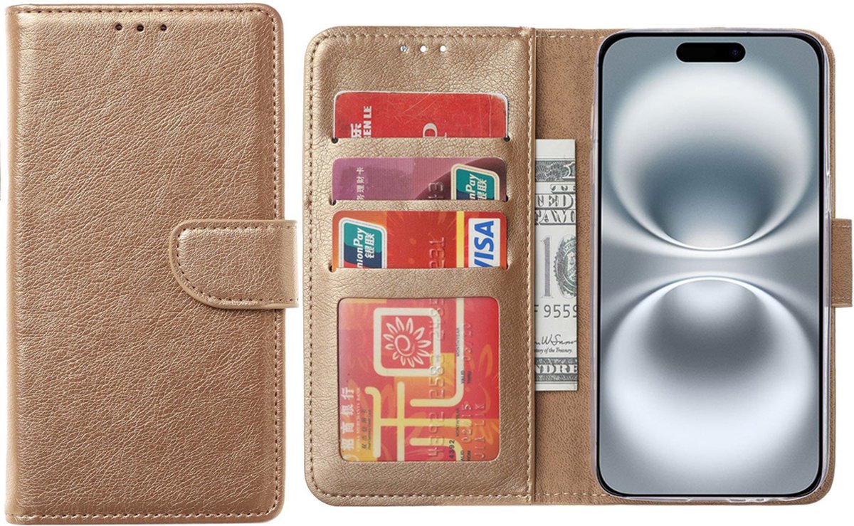 Hoesje Geschikt voor iPhone 16 Plus – Arara bookcase met pasjeshouder - Goud